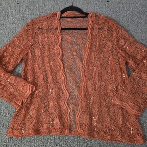 Sequin Lace Open Front Cardigan XL Copper Rust Boho Evening Duster Overlay